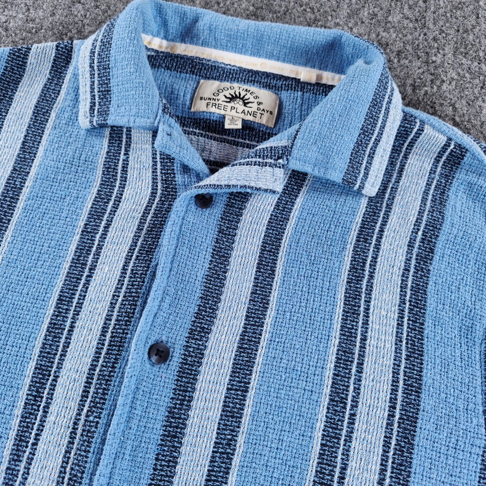 Free Planet Mens Blue Vertical Stripe Cotton Short Sleeve Button Up Shirt Large